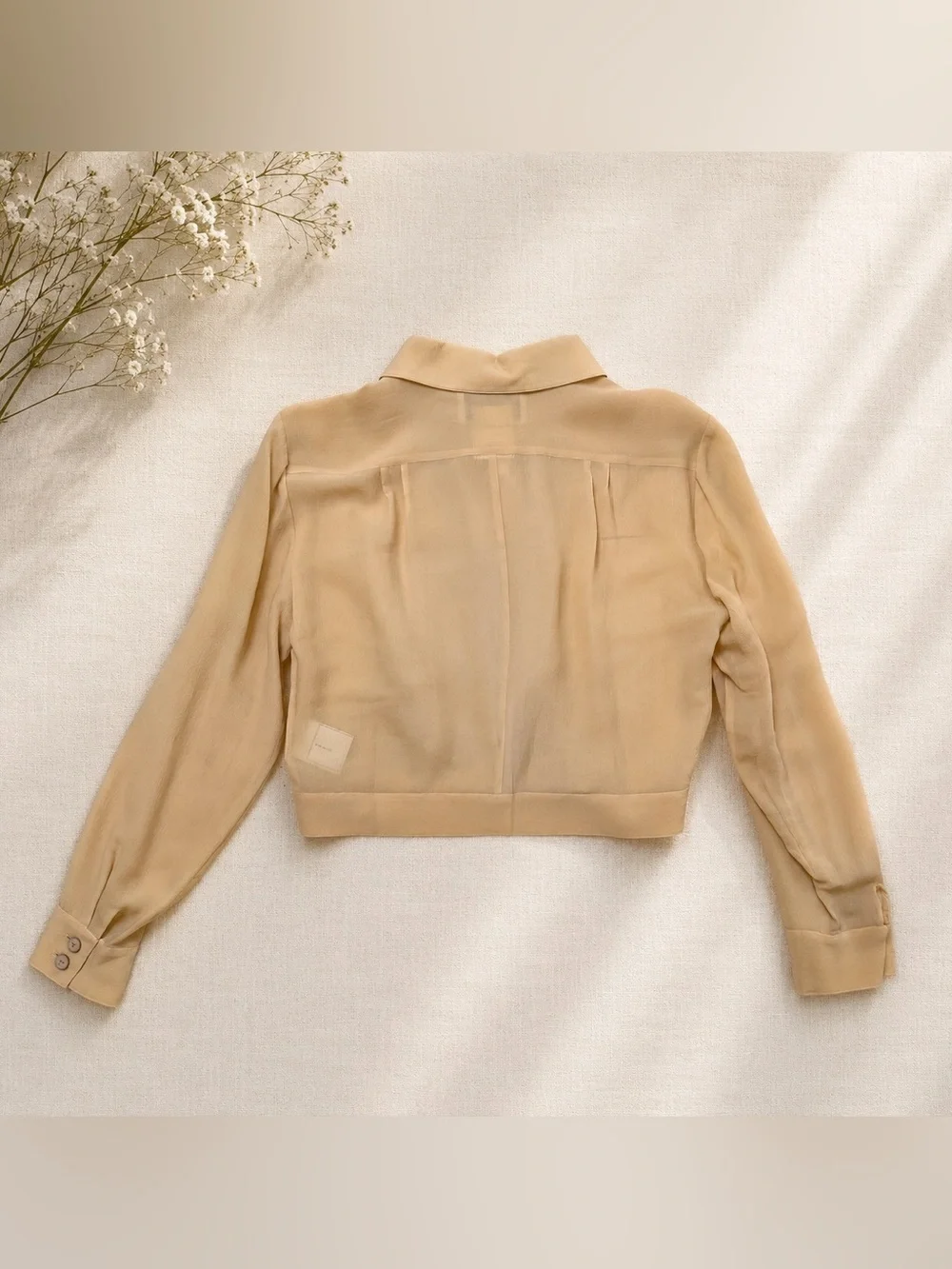 Classic CHANEL 2001A Nude Beige  Silk Sheer Cropped Shirt CC Logo Buttons FR 40